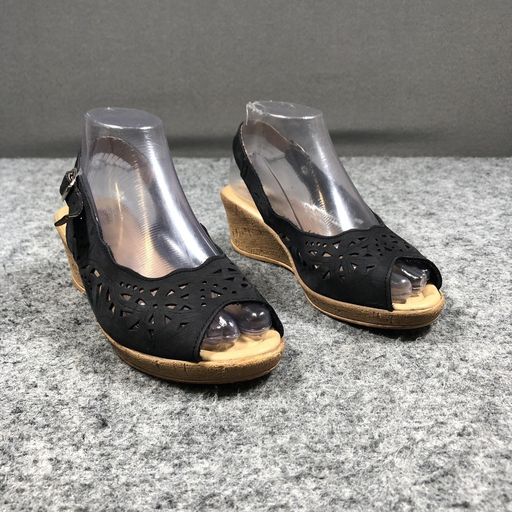 Spring Step Sandals Womens Size 7.5 Black Leather Slingback Wedge Comfort Italy